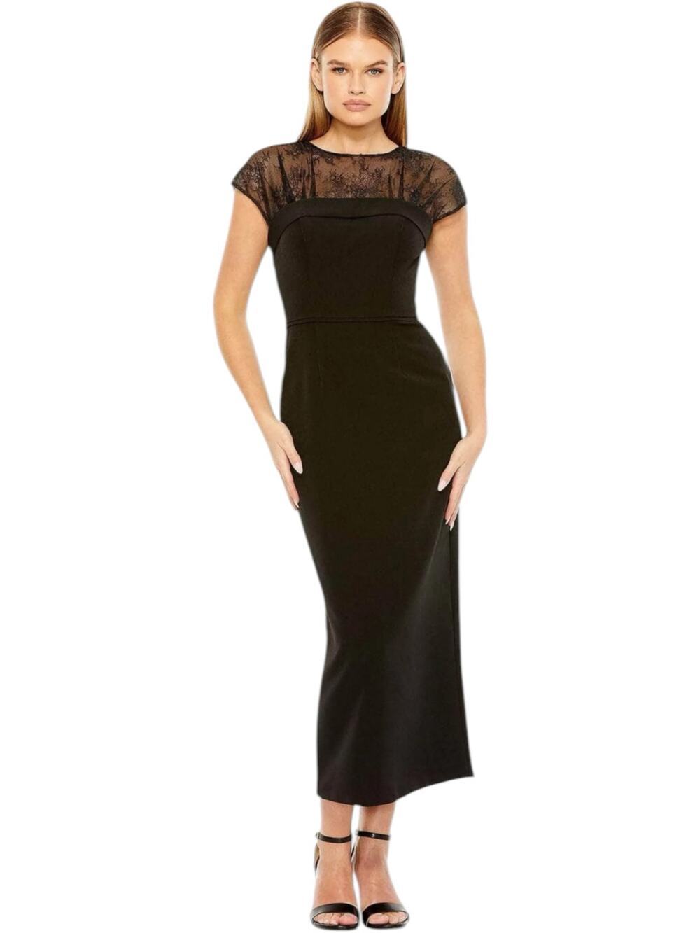 Mac Duggal Sheer Lace Top Crepe Black Midi Dress Size 4 Style #49799 NWT